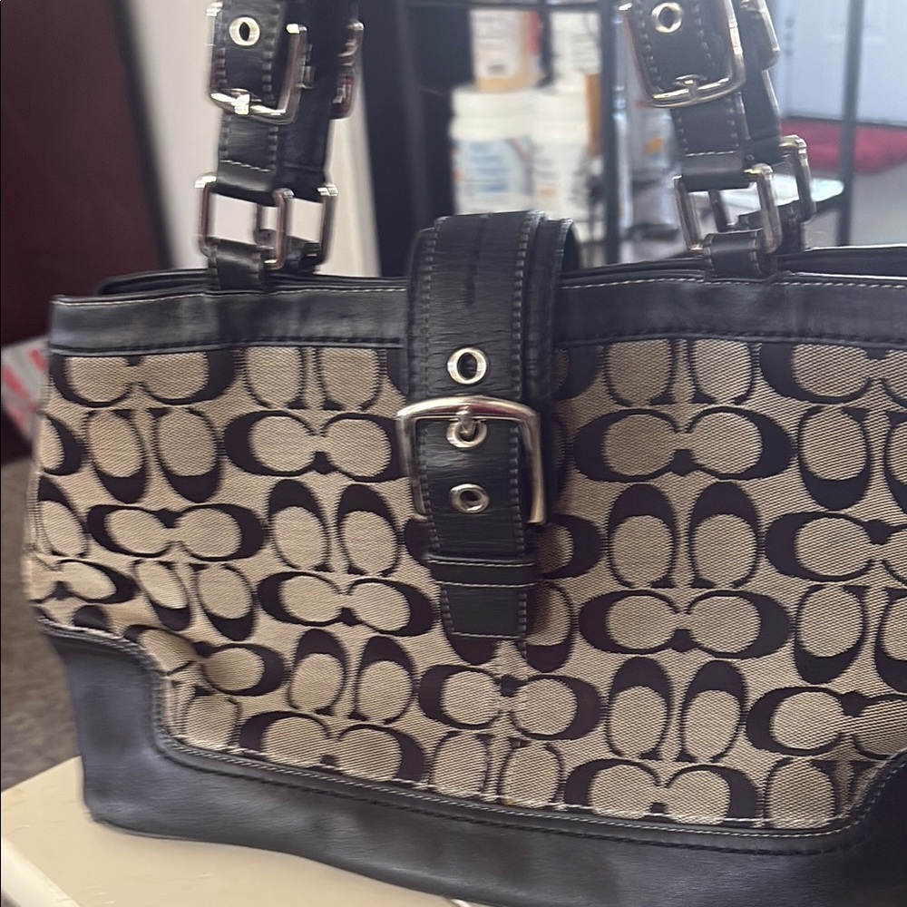 Coach Black and Tan Shoulder Bag with Signature Design